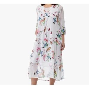 La Cera Floral Hummingbird Cotton Midi Dress Women White size S Pintuck Pockets